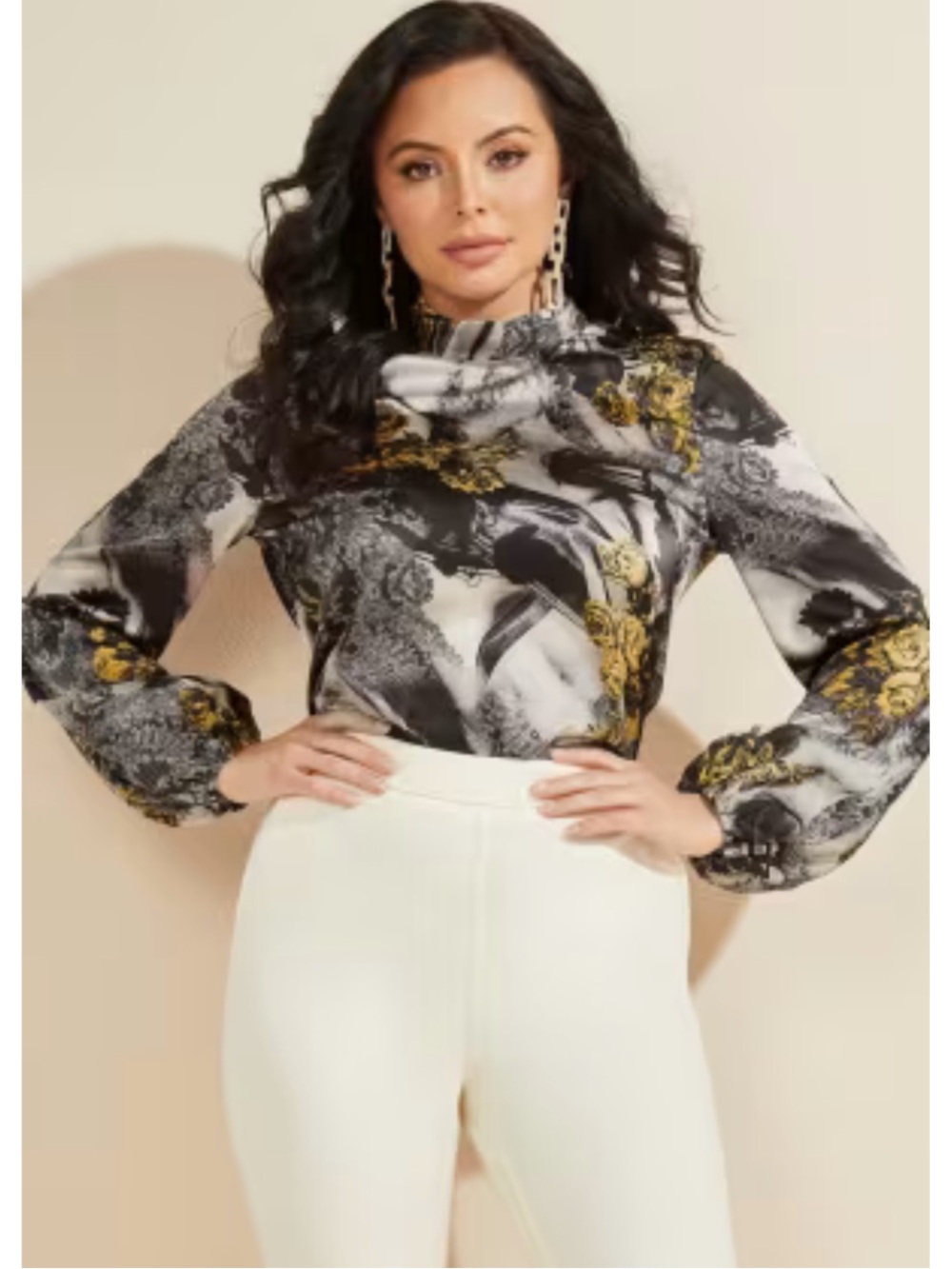 Marciano Printed Mock Neck Balloon Sleeve Top in Black, White & Gold - Size L